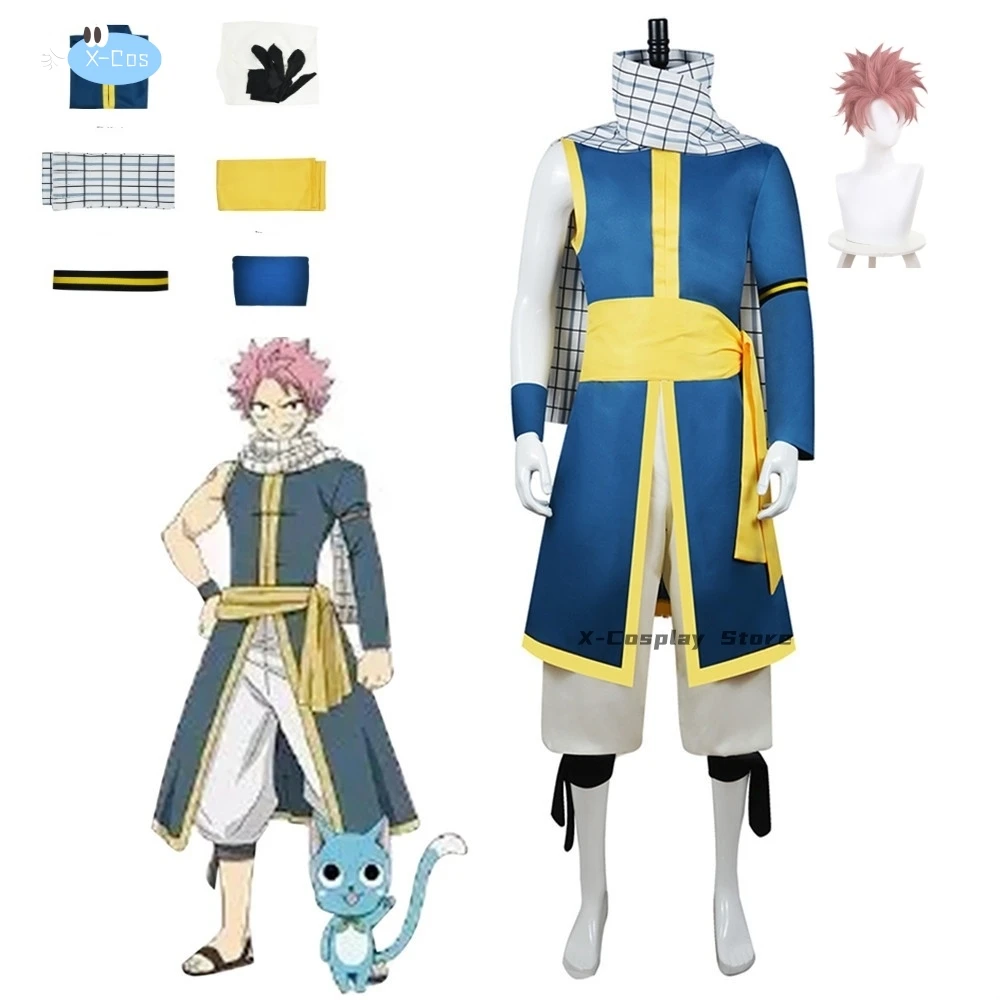 أنيمي ذيل خرافي زي تنكري للرجال ، أثري ناتسو دراغنيل ، رأس أزرق ، بدلة كرنفال الهالوين ، شعر مستعار سنوات البحث