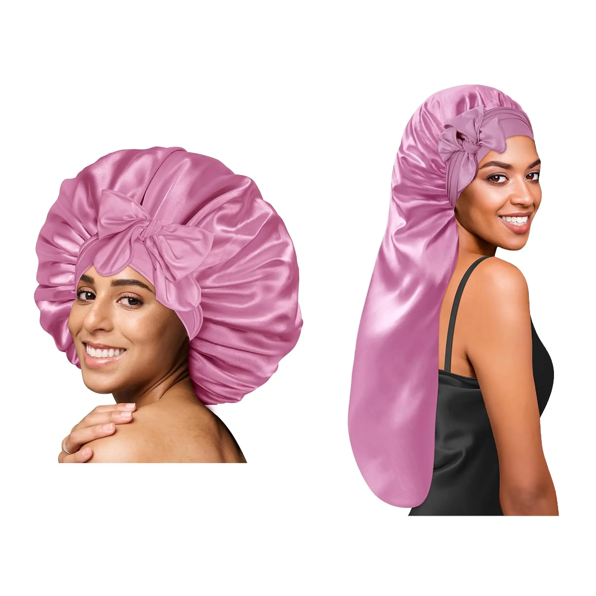 BONNET QUEEN Braid Bonnet Silk Foldable Extra Long for Braids Satin Sleeping Hair with Tie Band Sleep Cap Dark Rose Gold