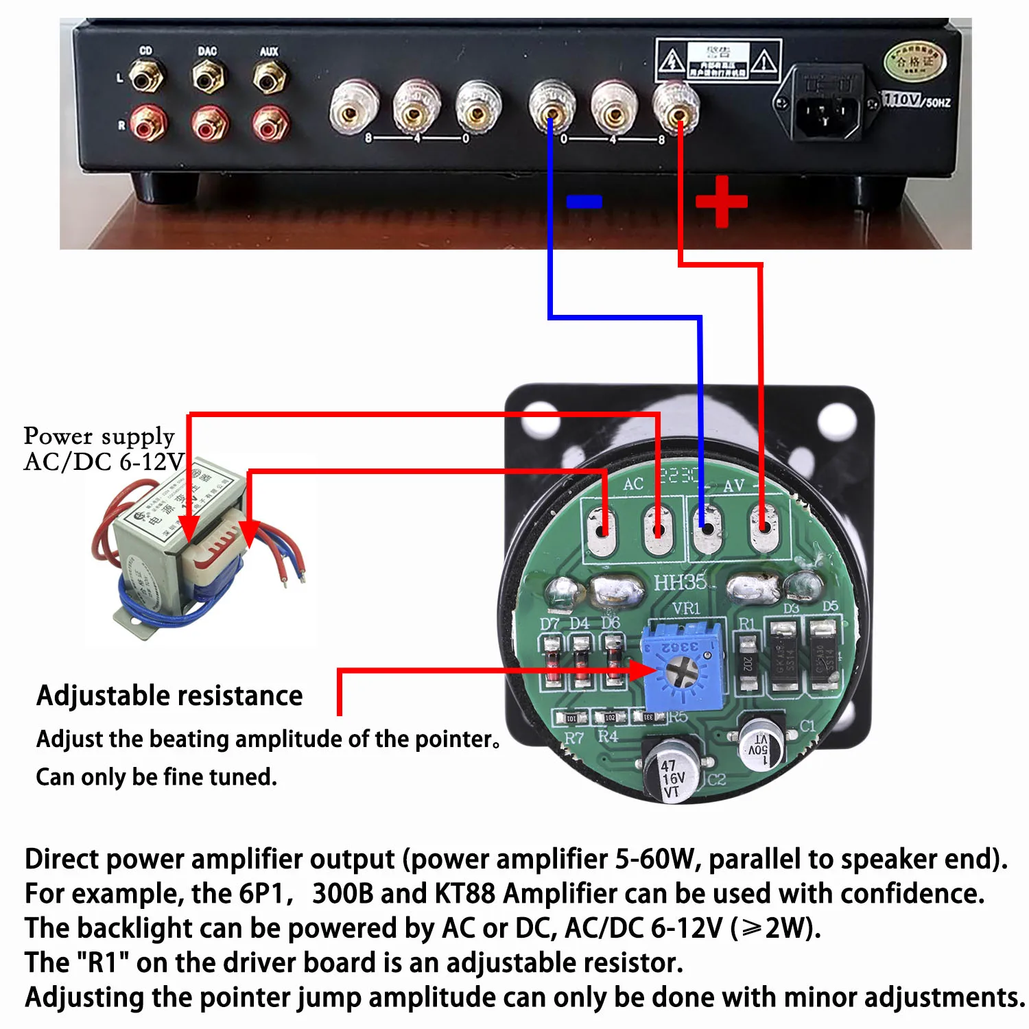 1PC Miernik VU Wskaźnik poziomu dźwięku i płyta sterownicza AC/DC 6-12V 34mm Panelowy miernik VU 500uA z podświetleniem LED Wzmacniacz poziomu