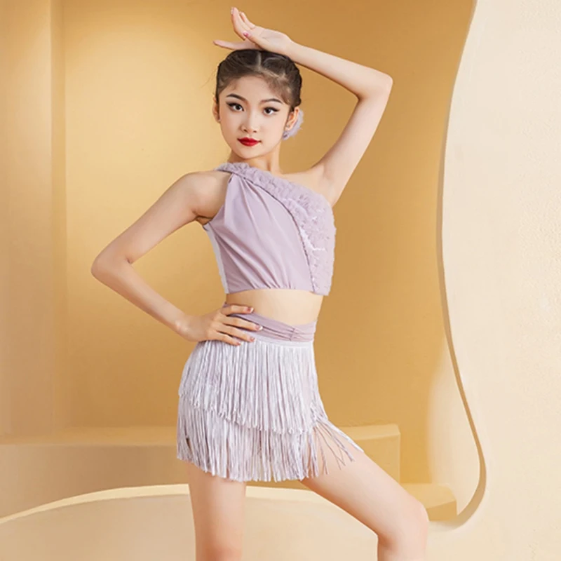 2024 Nieuwe Latin Dance Practice Kostuum Meisjes Paarse Franje Rok Split Set Kleding Ballroom Rumba Samba Performance Wear Vbh541