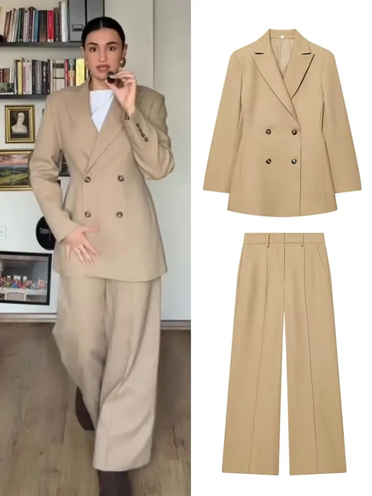 

HH Women Casual Lapel Double Breasted Long Sleeve Blazer+Zipper Pockets High Waist Loose Ribbed Trousers Spring 2 Piece Set