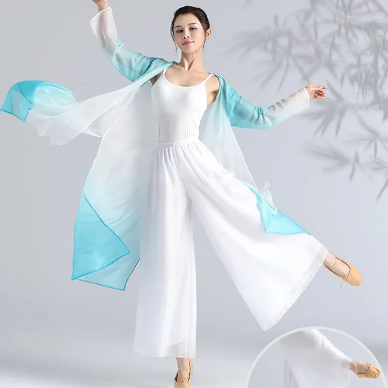 เสื้อคลุมชีฟองสำหรับเต้นรำแบบคลาสสิกสำหรับผู้หญิง เสื้อคลุมยาวทรงหลวมสำหรับนักเต้น ชุดฝึกซ้อมเต้นรำพื้นบ้านจีน ชุดไล่เฉดสี