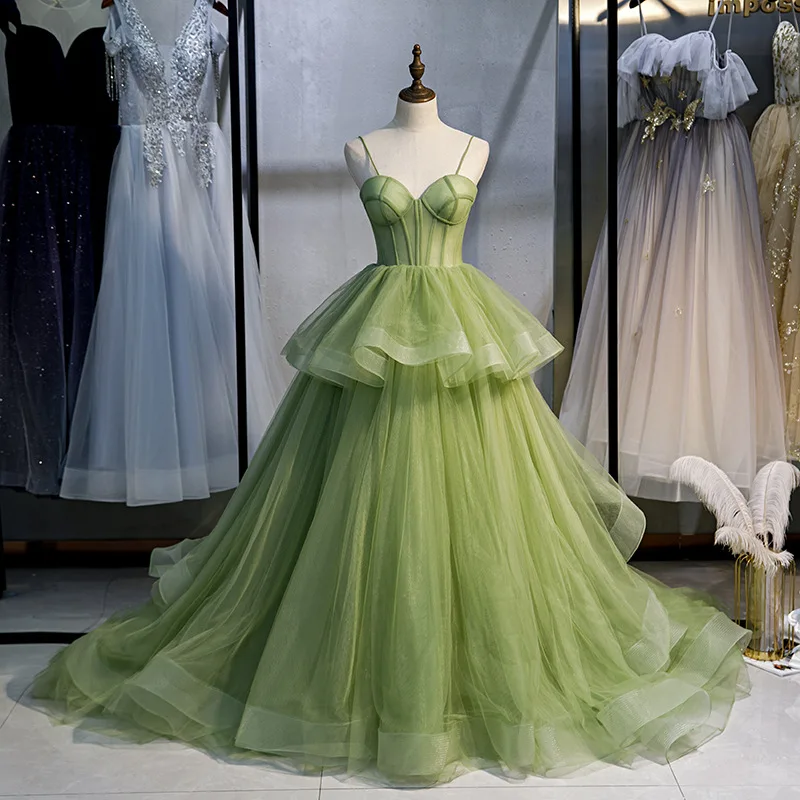 CloverBridal Tulle Olive Green Swirls Skirt Bone Bodice 15 Quinceanera Dresses Spagetti Straps Chapel Train Party Dress WQ9727