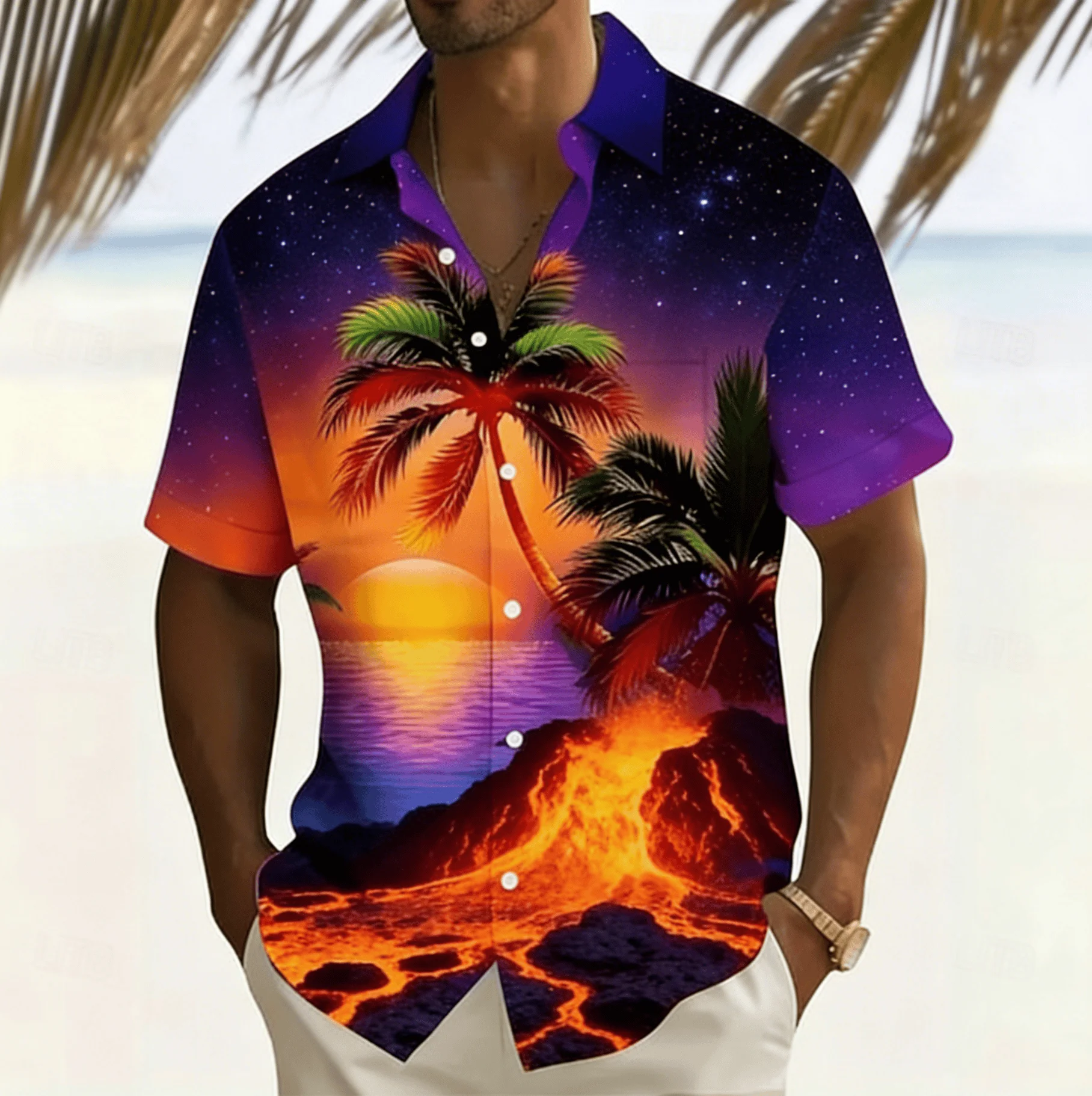Men's Neon Print Short Sleeve Shirt, Spring Summer Glow Hawaiian Vacation Blouse, Loose Casual Top