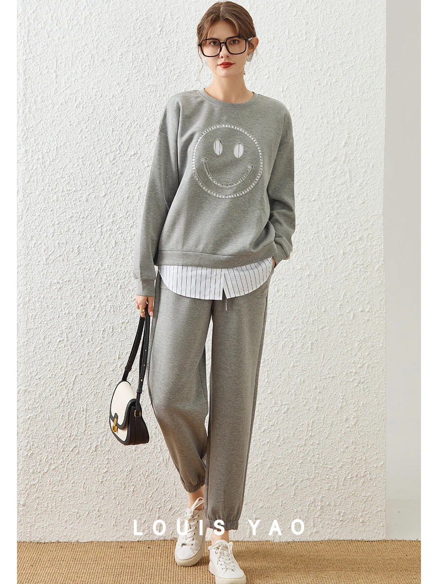 

LOUIS YAO Women Sweatshirt Two Pieces Set 2024 Spring Round Neck Long Sleeve Fake Two Pieces Casual Cropped Pants Set