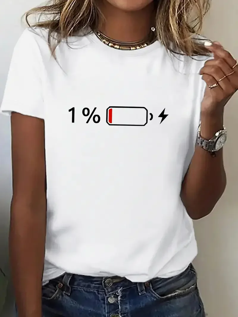 Shirt 1% Battery Print Graphic Casual T-Shirt Short Sleeve T Shirt Women's T-Shirt Clothing Top Tee Girls