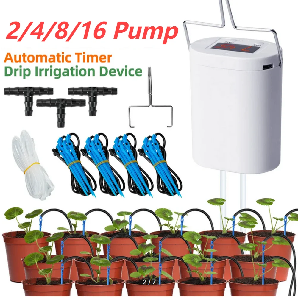 2/4/8/16 Head Automatic Watering Pump Controller Flowers Plants Sprinkler Drip Irrigation System Kit Timer for Potted Plants