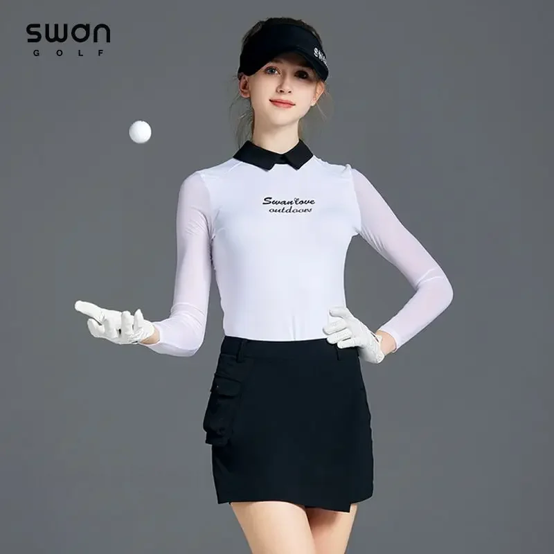 SG Summer Ice Silk Topy z długim rękawem Girl Cooling Sunscreen Golf T-shirt Korean Women Anti-light Skirt Pleated Golf Culotte Sets