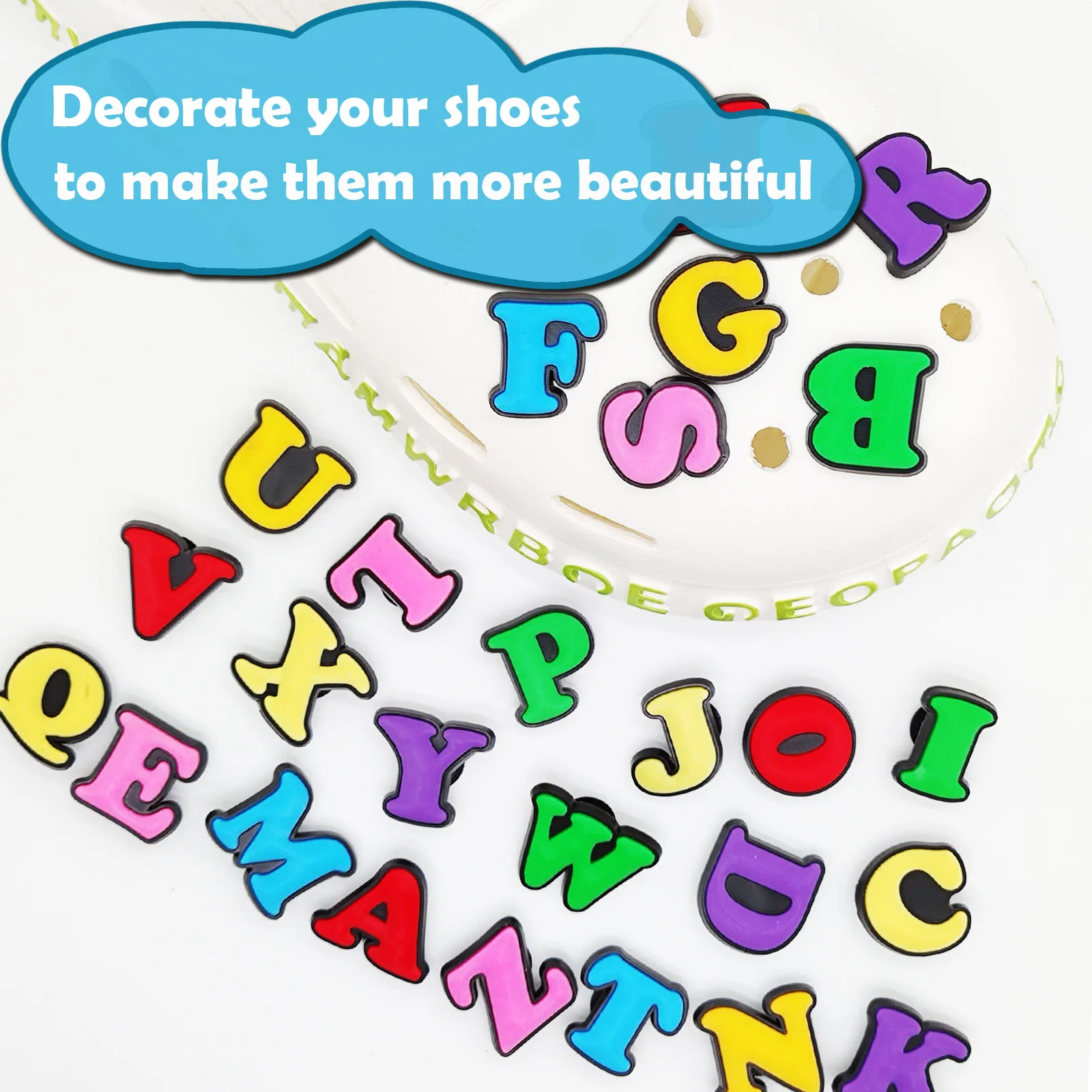 26 قطعة من سلسلة الأحذية الملونة الأبجدية للصنادل حقيبة الشاطئ، إكسسوارات زينة الأحذية ذاتية الصنع جودة ممتازة