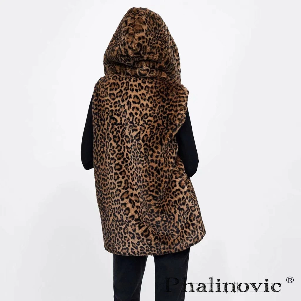 Leopard Hooded Faux Fur Vest Women 2022 New Designed Body Warmer Ladies Luxury Winter Furry Artificial Rabbit Coats Outwear 5XL