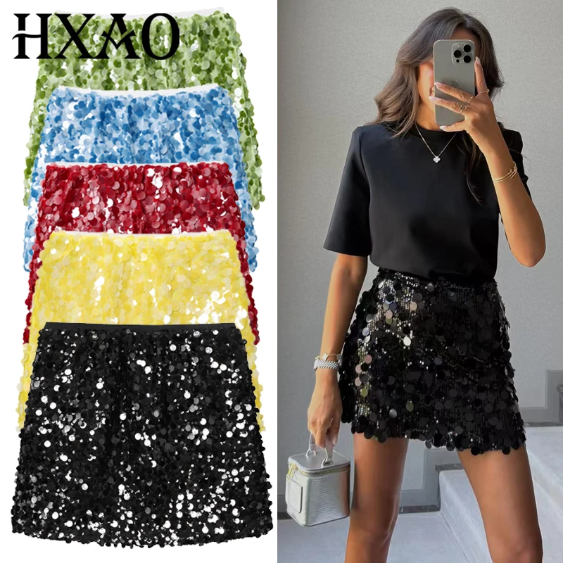HXAO Mini Sequin Skirts For Women Autumn 2025 Black Green Red Yellow Blue Skirt Sexy Glitter Line Dance Skirt Christmas Skirts