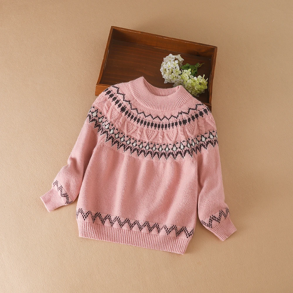 Kids Knit Sweaters Turtleneck Vintage Print Knitted Jacquard Pullover Winter Warm Long Sleeve Children Girls Clothing