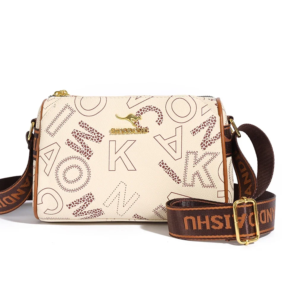 Luxury Kangaroo Logo Crossbody Bag with Printed Design Wide Strap Stylish Magnetic Snap Pockets Premium Gold Hardware