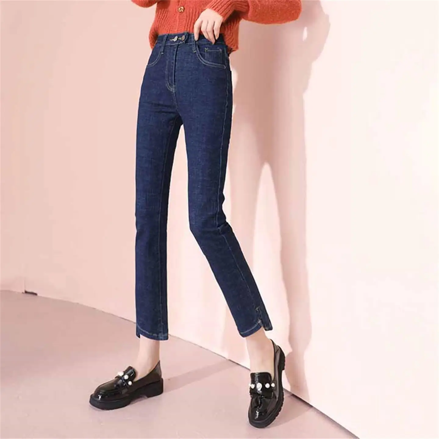 High Waist Slimming Straight Leg Denim Jeans Women's Spring Autumn Fashion Elastic Slit Smoke Tube Pants Cotton Stretch Denim
