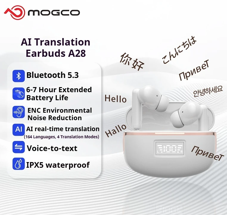 Auriculares con traductor AI impermeables A28 con ganchos para las orejas 164 idiomas BT5.3 auriculares deportivos inalámbricos cancelación de ruido