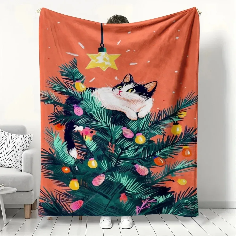

Плед из флиса с рождественским котом на дереве, светящимися звездами и узором, праздничный зимний плед для дивана и кровати, мягкий и уютный, в подарок