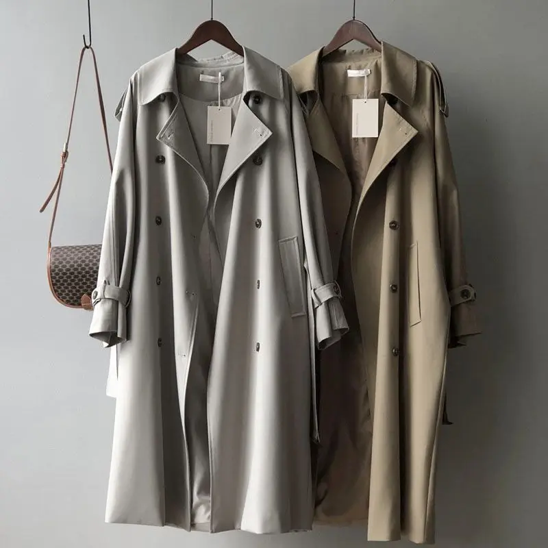 

Classic Khaki Long Trench Coats Women Oversize Korean Fashion Belt Windbreaker Fall Spring Overcoat Double Breasted Wind breaker