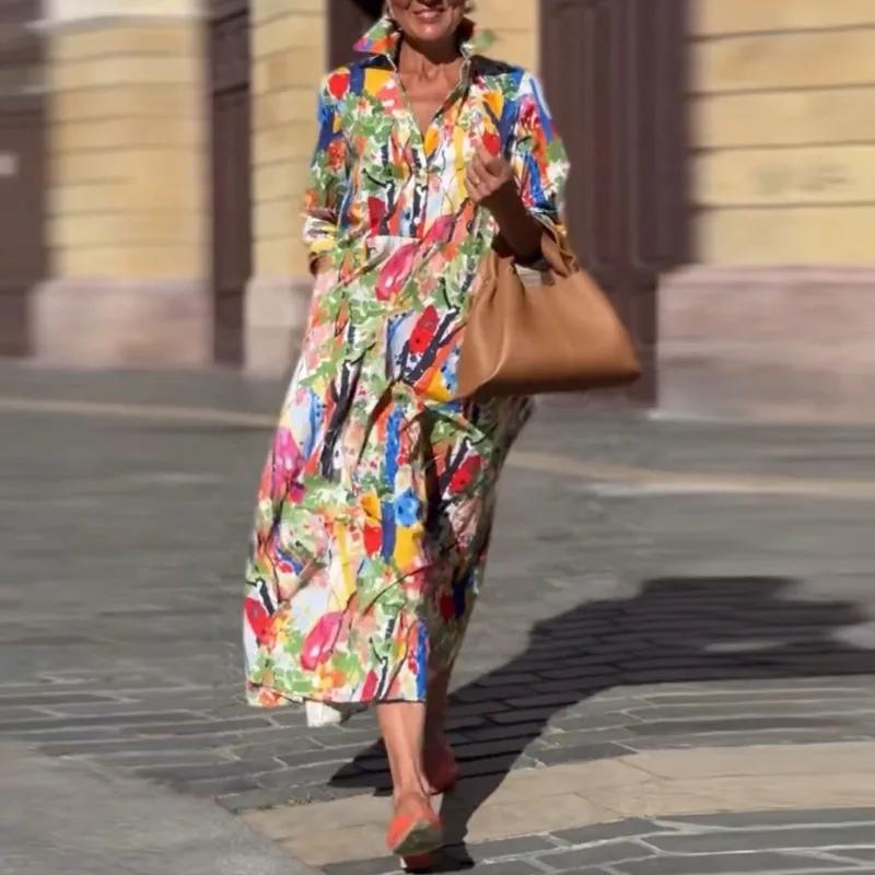 Zomer losse shirtjurk met lange mouwen Vrouw Casual turn-down kraag Print Kantoorjurken Elegante losse geplooide gewaadjurk met veters