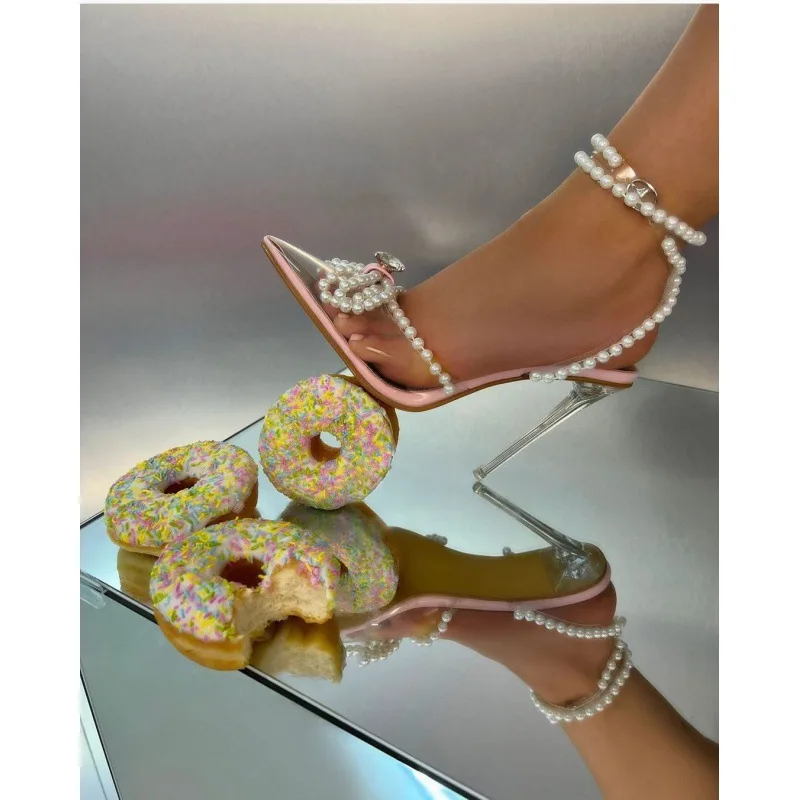 European and American New Butterfly Pearl Rhinestone Fashion Pointed Clear Crystal Heel High Heel Women's Sandals view 3