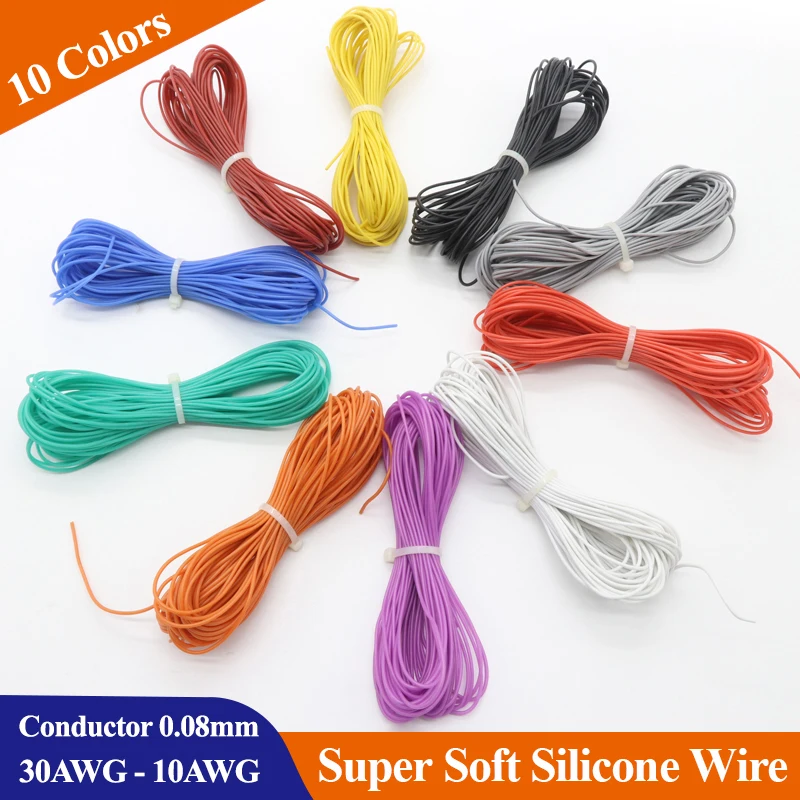 5/10M 10 Colors Super Soft Silicone Rubber Wire 30 28 26 24 22 20 18 16 15 14 12 10 AWG Flexible LED Lighting Wires Copper Cable