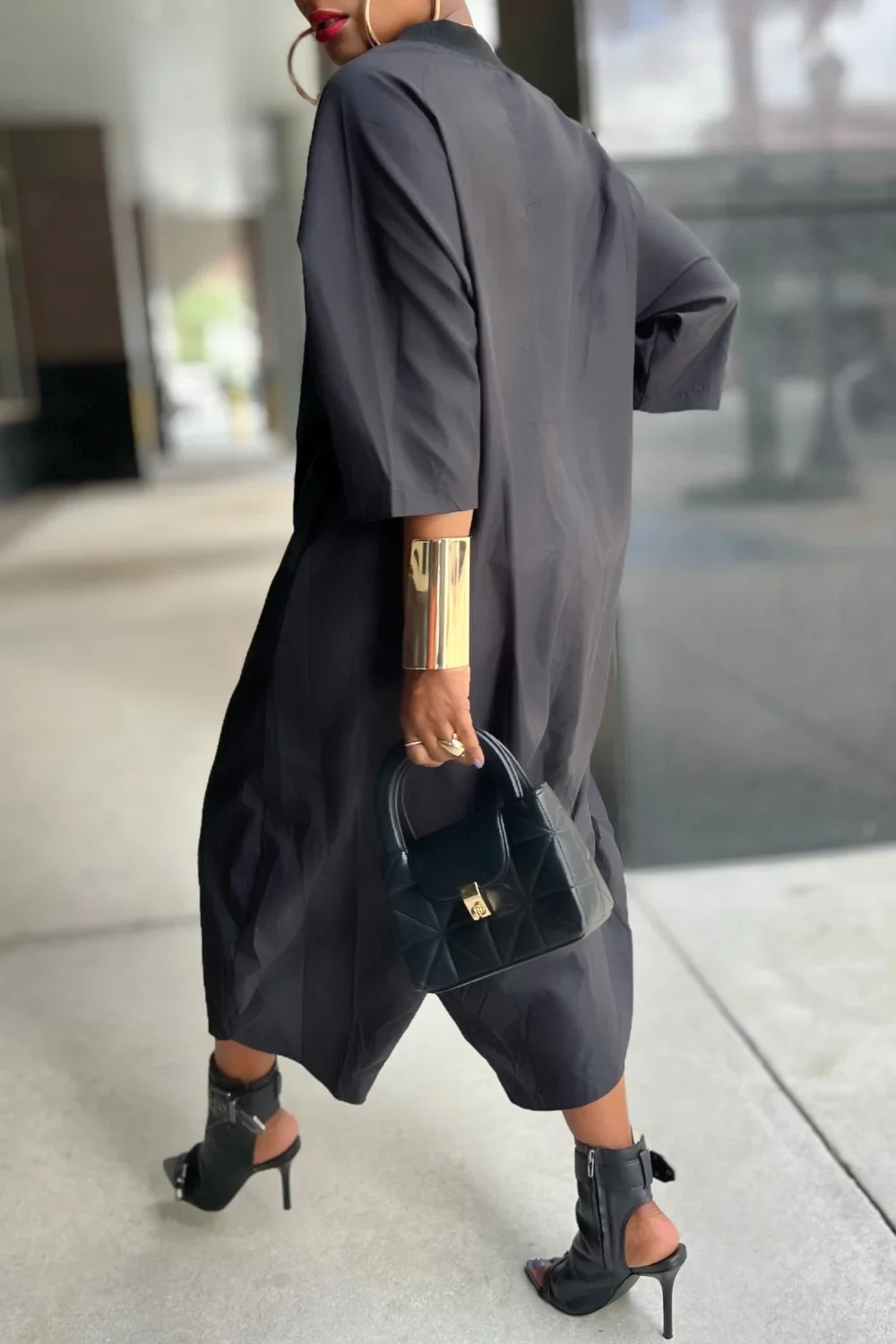 Women Plus Size Jumpsuit Business Casual Black Shirt Collar 3/4 Sleeve Pocket  Harem Pants Rompers Single Breasted Loose Outfits