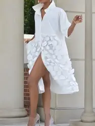 Lemongor-Robe mi-longue à revers pour femme, chemises élégantes, appliques noires et blanches, demi-manches, fête et soirée, mode printemps, nouveau, 2023