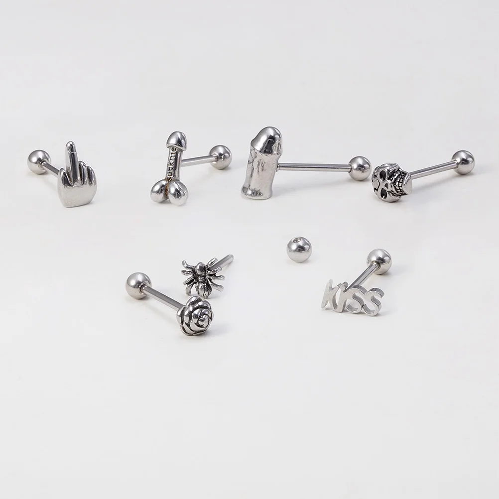 1pc 5/8in(16mm)L 14G Tongue Piercing Barbells Surgical Stainless Steel Middle Finger Letter Tongue Rings Body Jewelry for Women