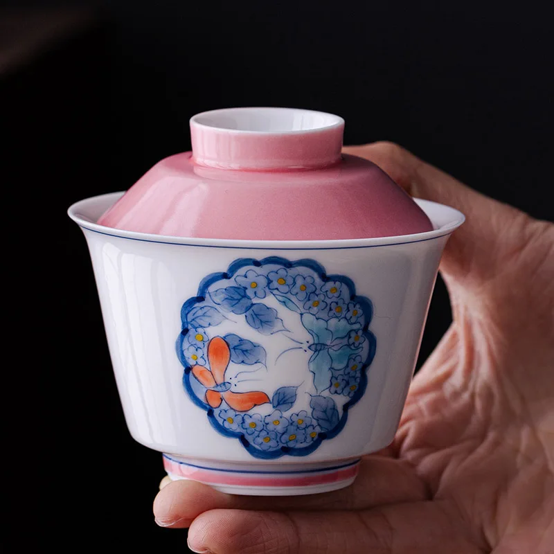 Hand-painted Butterfly Flower Three Cover Bowl Tea Bowl Teacup Single Household Ceramic Grasping Pot Is Not Hot