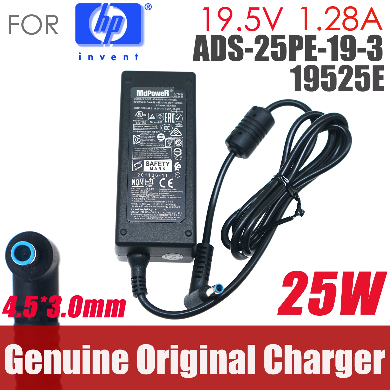 

Genuine HOIOTO AC DC Adapter Charger for HP Monitor M22F M24F M27F Power Supply ADS-25PE-19-3 19525E 19.5V 1.28A 4.5*3.0mm 25W