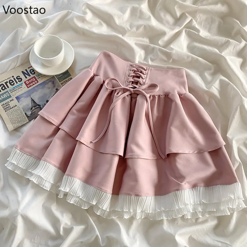 Sweet Lolita Skirt Set Women Elegant France Bow Square Collar Puff Sleeve Blouse Crop Tops Pink Ruffles Mini Skirt Female Suit