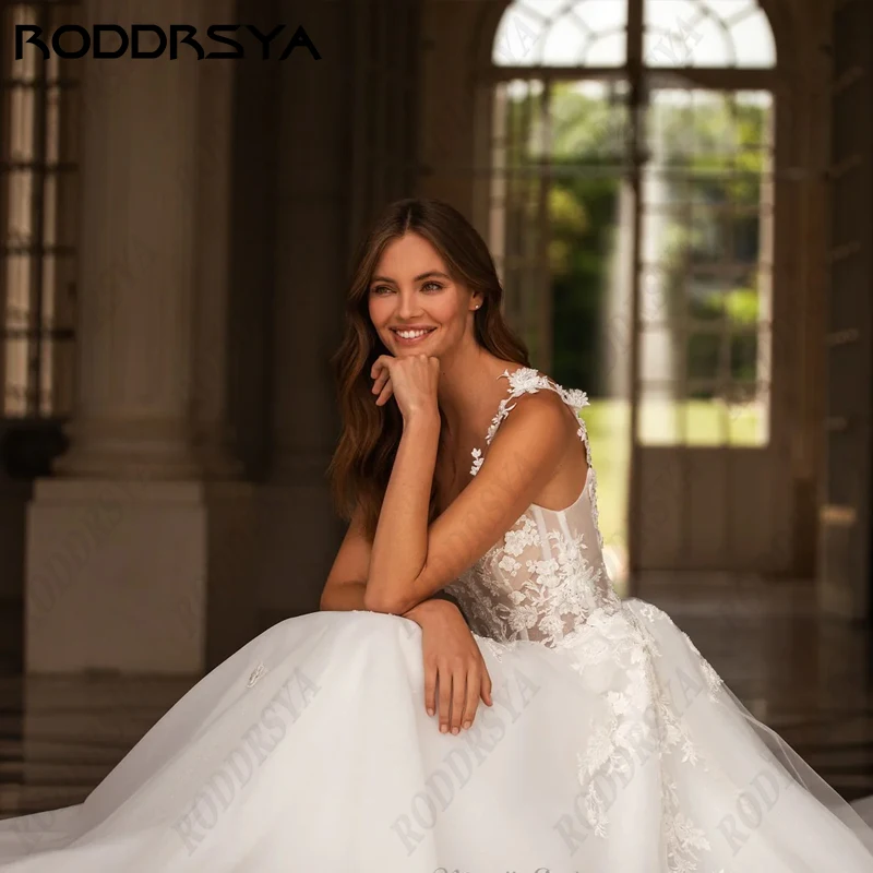 RODDRSYA-vestido de novia sin espalda con cuello en V para mujer, vestido de novia Sexy, tul romántico, tirantes finos, fiesta de novia, línea A, sin mangas vestido de novia sin espalda con cuello en V para mujer, vest