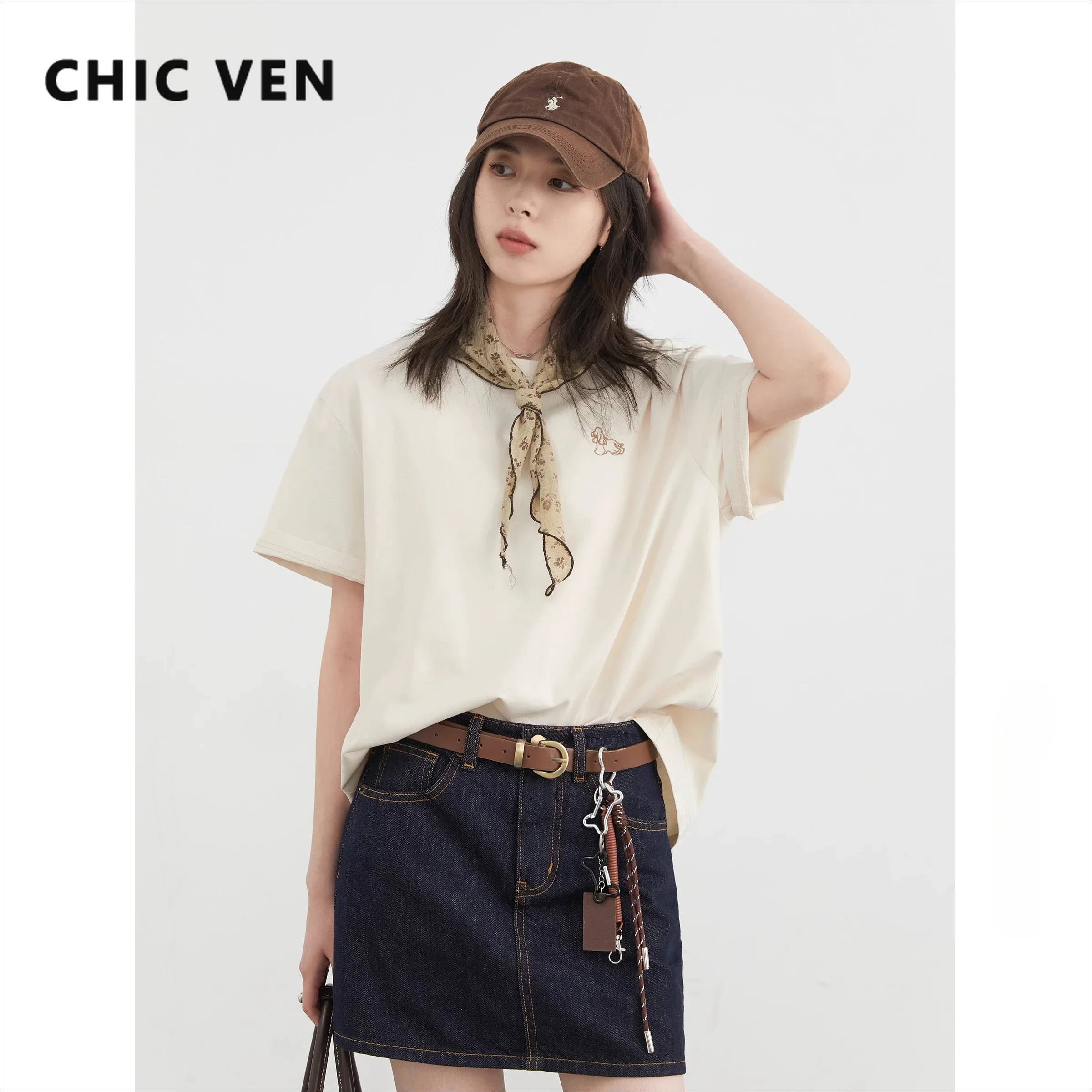 

CHIC VEN Women T-Shirts Solid Loose Casual New O Neck Dog Embroidery Short Sleeved Basics Tees Solid Female Top Summer 2025