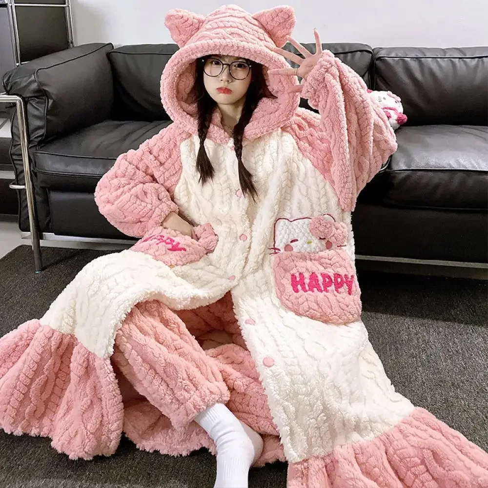 Kawaii Sanrios 2Pcs Pompompurin Winter Women\'s Thicken Plush Pajama Set Hello Kitty My Melody Winter Nightgown Home Clothes Girl