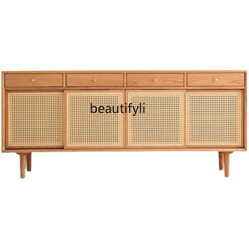 

Nordic Solid Wood Rattan Sideboard Cabinet Japanese Style Log Locker Simple Modern Multi-Functional Storage Cabinet