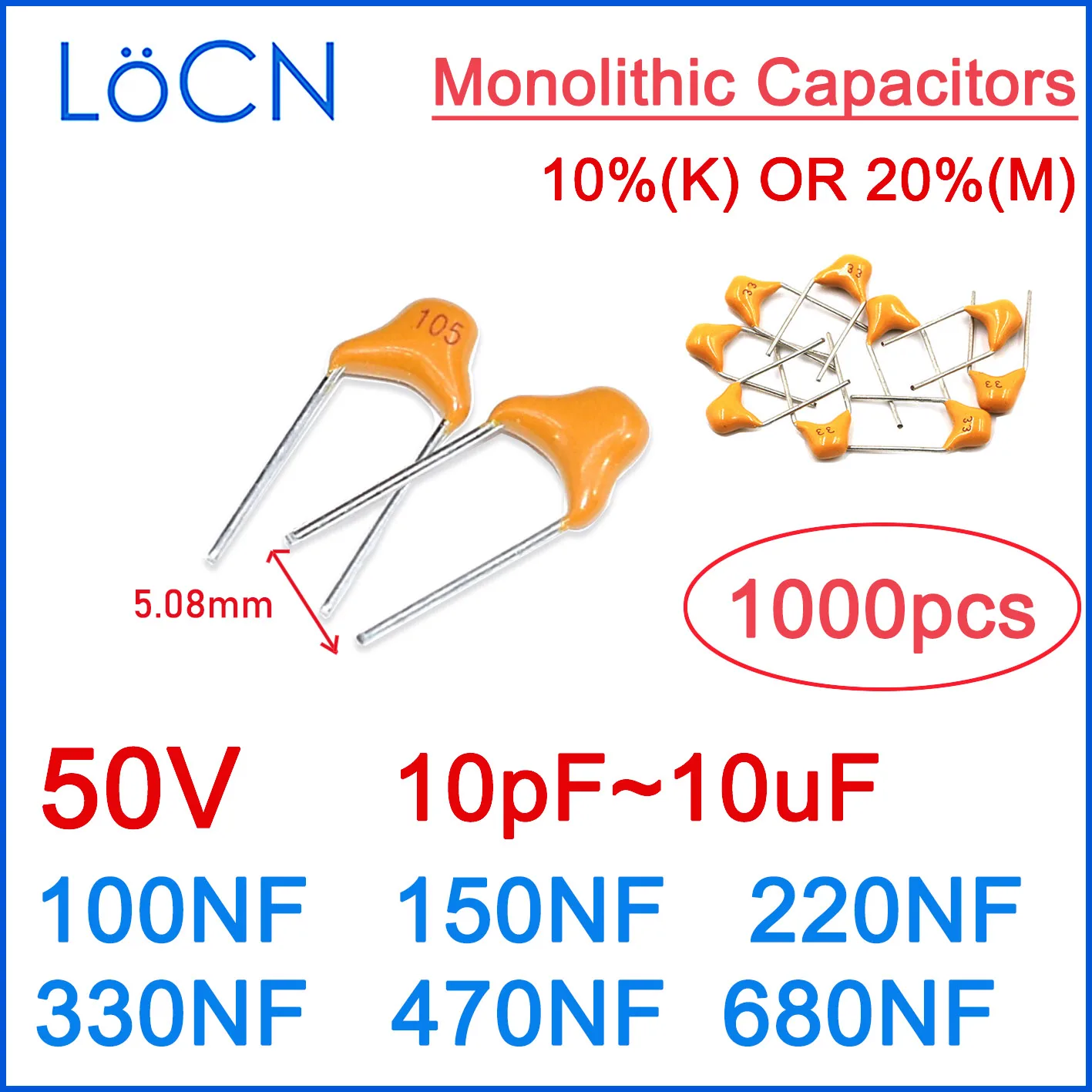 Condensador cerámico monolítico MLCC CT4 5,08 MM 50 V 10%(K) 20%(M) 100NF 150NF 220NF 330NF 470NF 680NF LoCN 1000 piezas