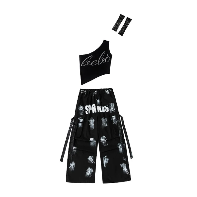 Fantasia de dança jazz para meninas, colete preto, calças largas, conjunto de grupo, hip hop, performance, concerto, passarela, palco