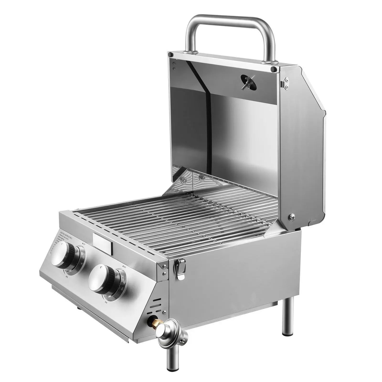 Tabletop Gas Grill, 2-Burner Stainless Steel Portable Propane Grill, with Built-in Thermometer, Travel Locks, Weatherproof Lid,