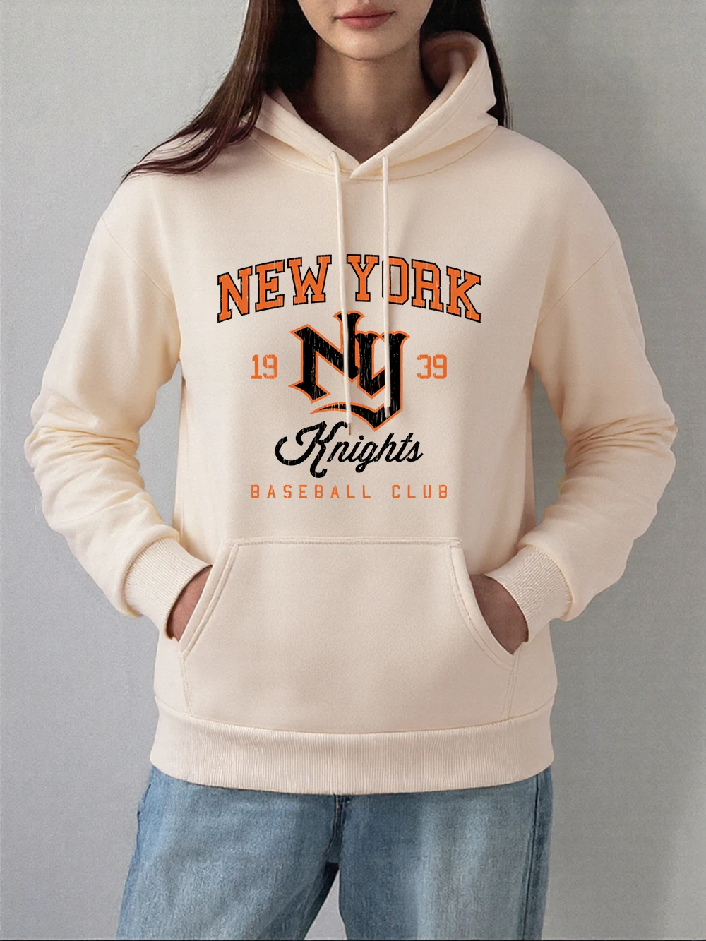 New York Baseball Club Druck Hoodie Frauen Winter Fleece Warme Pullover Casual Lose Sweatshirt Grundlagen Tasche Damen Kleidung