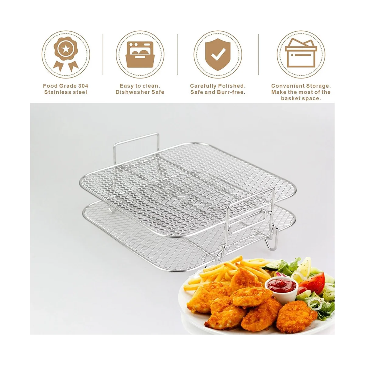 2-Layers Air Fryer Rack Stackable Grid Grilling Rack Stainless Steel for 4.2-5.8QT Air Fryer Kitchen Oven Steamer Cooker