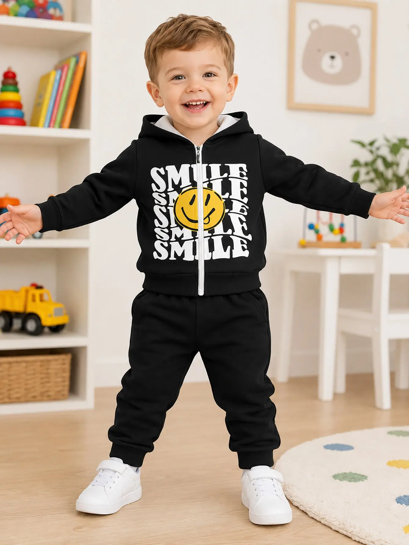 Hooded Zip Up Loose Sweatshirt Pants Set Smiley Letter Print Black Long Sleeve Loose Fit Boys Fall Winter New Style Trendy Styli