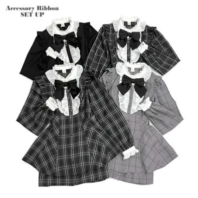 SC japonais Sle Plaid coeur noeud chaîne Production de masse t-shirt pièce ensemble taille haute a-ligne jupe ort Sve Dr