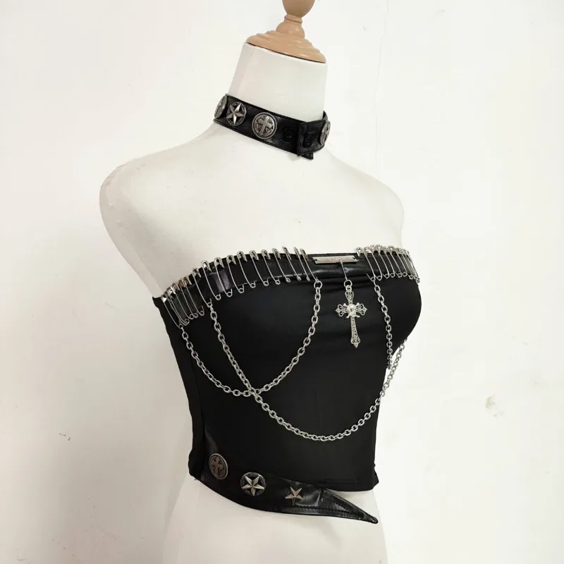 HKSH Women Strapless Vest Gothic Punk Hot Girl PU Leather Patchwork Chains Needle Irregular Sexy Stylish Slim Top Summer HK23976