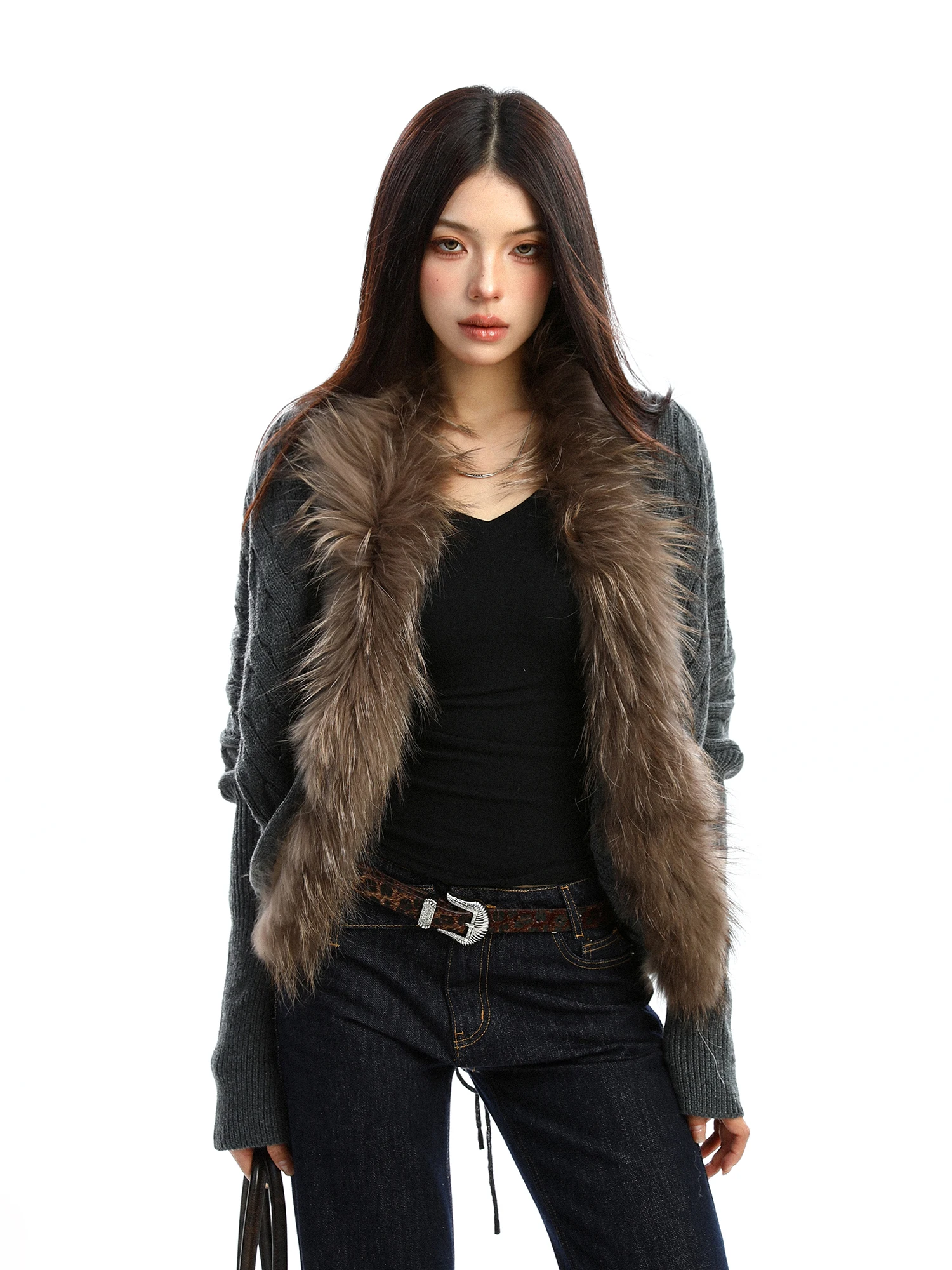 

Biggold Designed Knitted Sweater Women's Loose Slimming Autumn Winter Batwing Sve Sweater with Fur Collar V-ne Cardigan