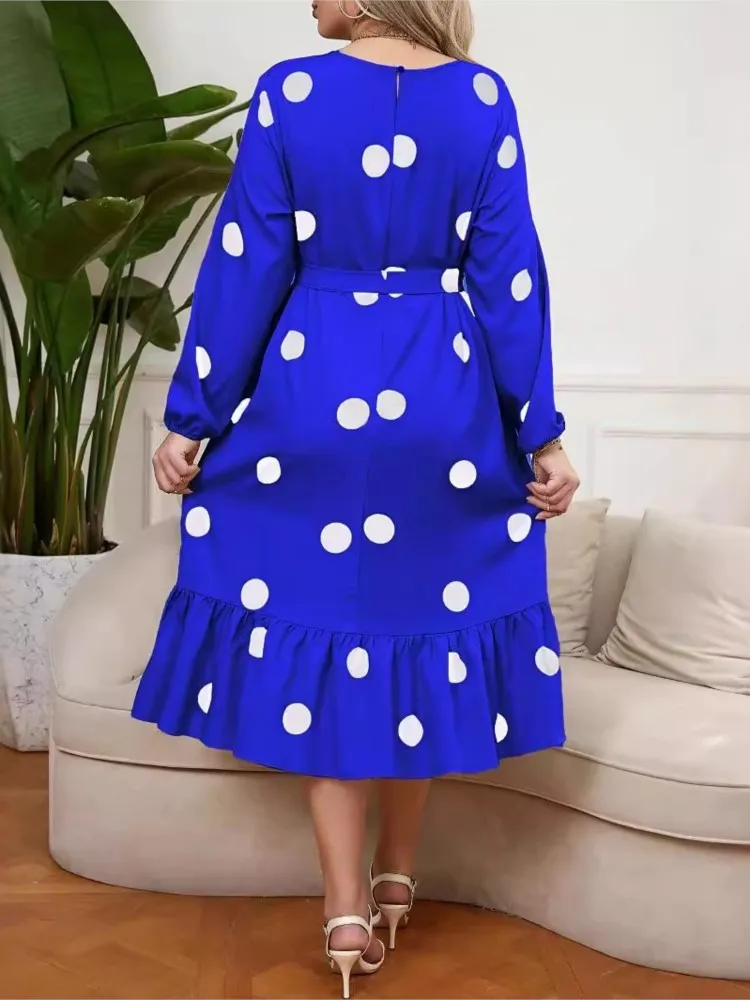 Plus Size Polka Dot Print Autumn Dress Women Loose Ruffle Pleated Fashion Ladies Dresses Long Sleeve Casual Woman Midi Dress