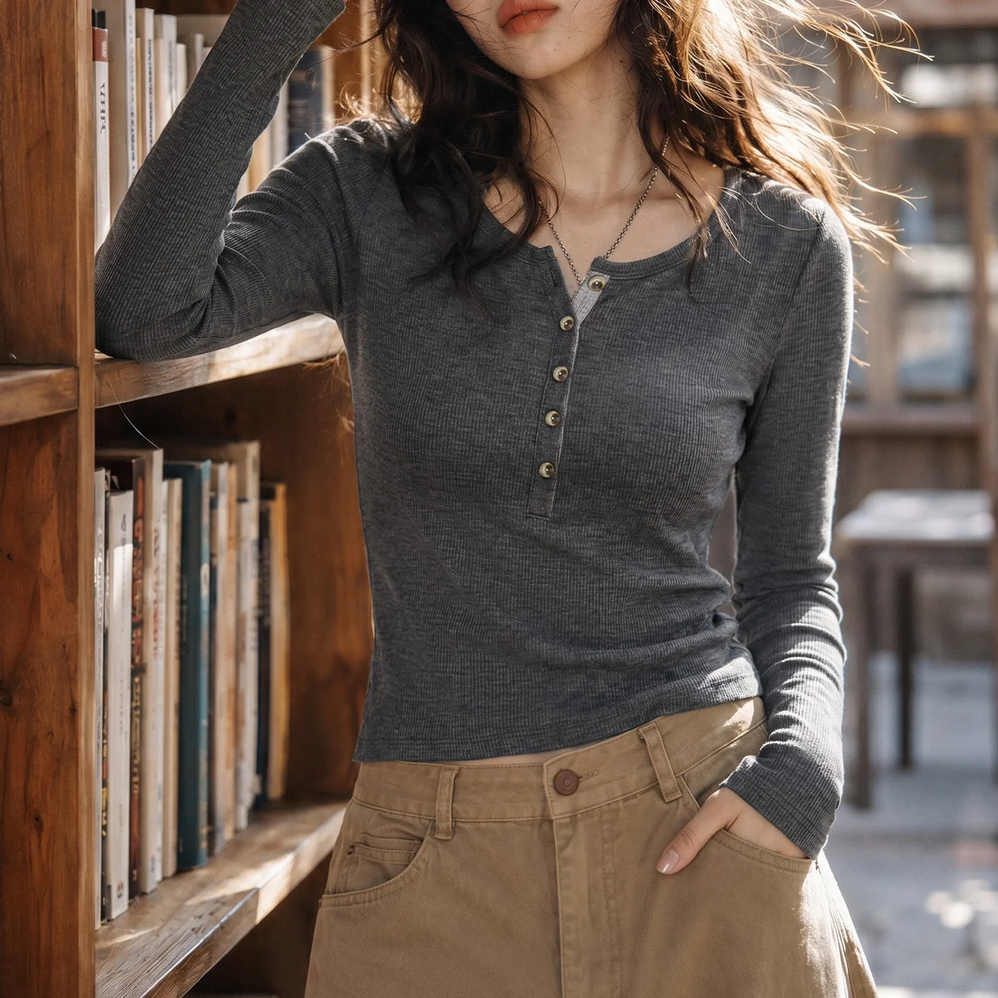 Maden Women's Basic Daily Solid Color Henry Collar Knitted Wool T Shirt Slim Lightweight Long Sleeve Inner Wear Autumn Base Tops