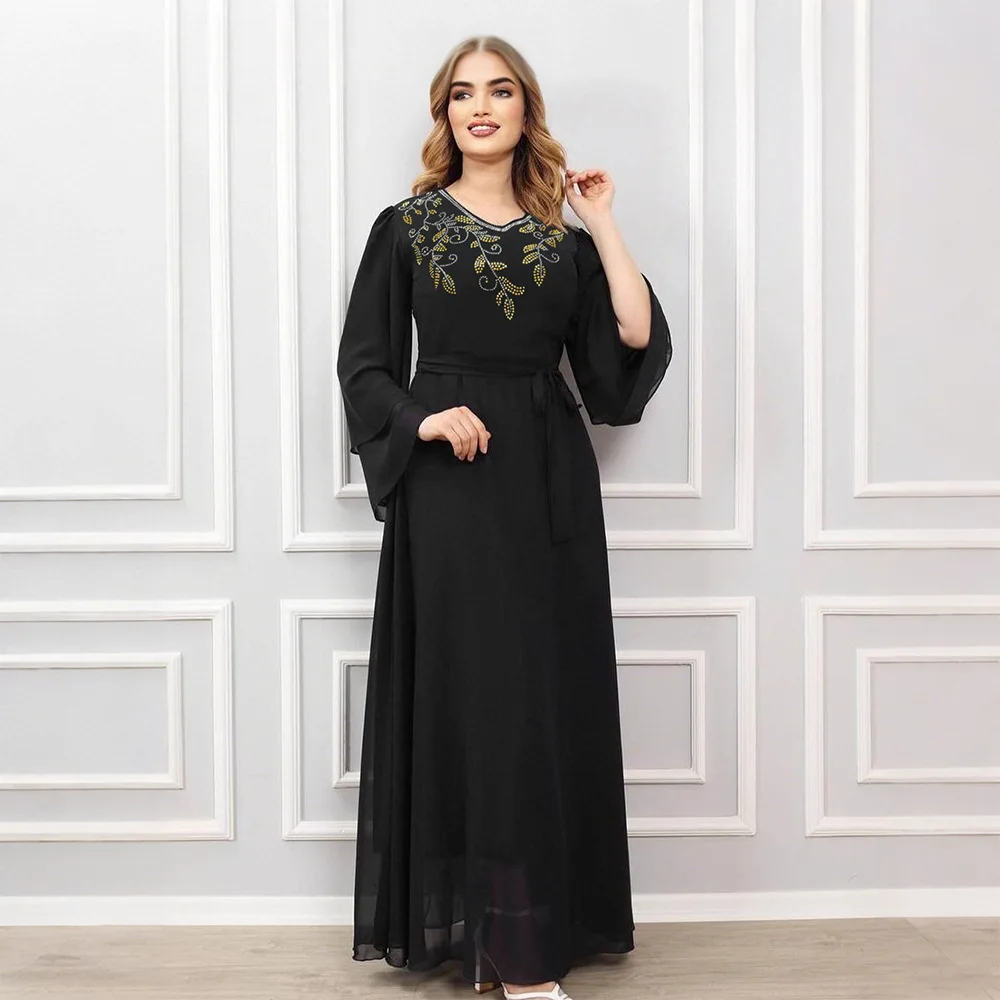 

Eid Ramadan Dubai Abaya Chiffon Diamonds Jalabiya Women Muslim Dress Kaftan Turkey Musulmane Femme Islam Clothing Robe Arabic