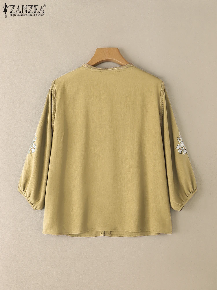 ZANZEA Camicie in cotone vintage Donna Ricamo Top Manica a 3/4 Lanterna Blusas 2025 Bottoni Scollo a V Casual OL Tuniche da lavoro Oversize