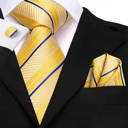 Yellow Blue Striped Silk Wedding Tie For Men Gift Mens Necktie Handky Cufflink Set Fashion Business Party Dropship Hi-Tie Design