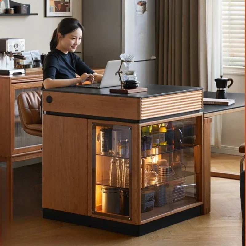 

Solid wood island dining table, small-sized household, multifunctional bar table, restaurant, retro cherry wood edge cabinet