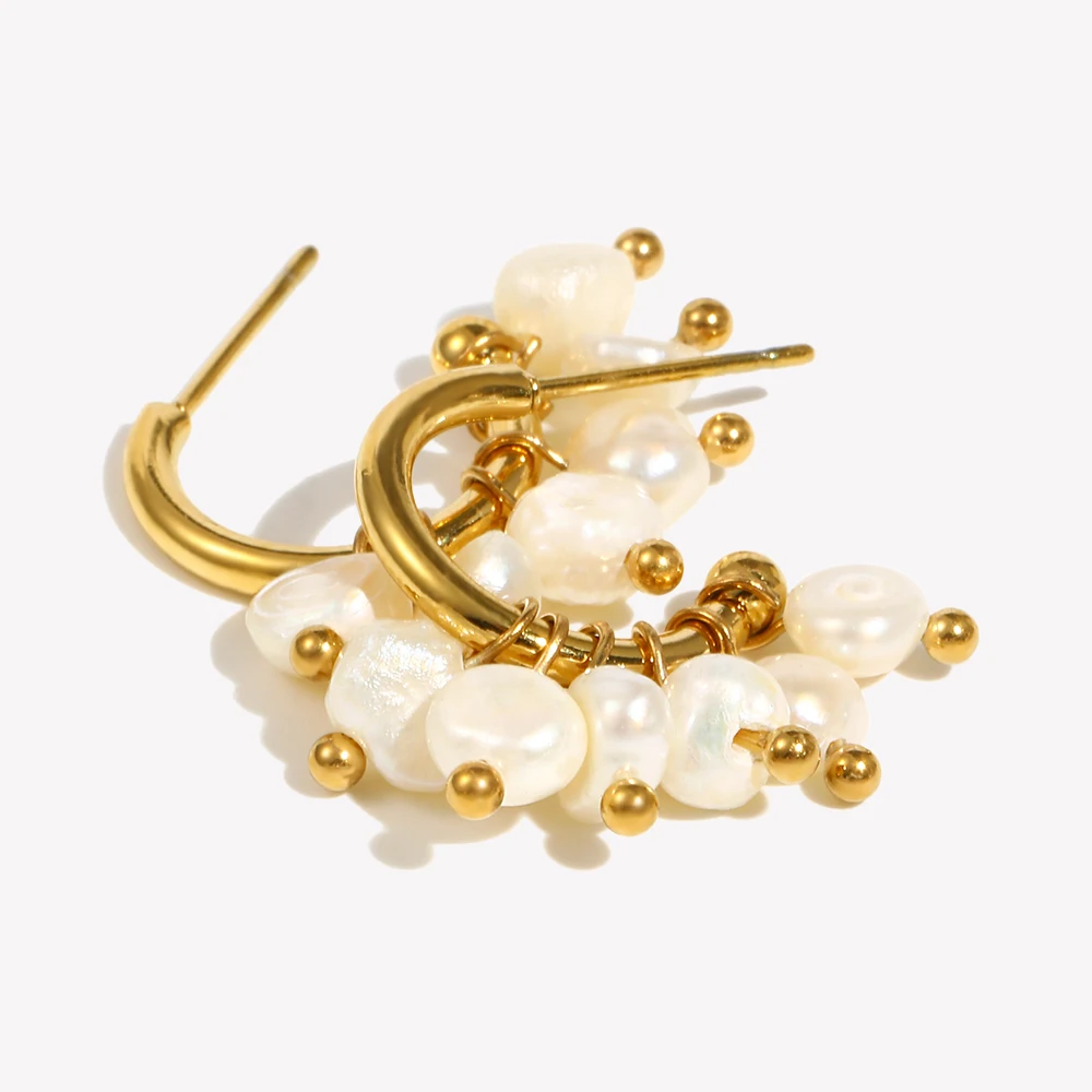 E.B.belle Super Elegant Delicate Small Freshwater Pearl Hoop Earrings 18K Gold Plated Stainless Steel Mini Gold Pearl Earring